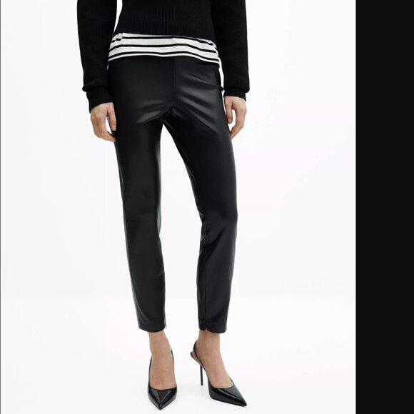 MANGO Women Black Leather-Effect Split Hems Leggings Size M NWT - Picture 3 of 11